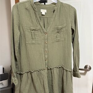 Maeve Olive Green Gauze Button-Front Tunic